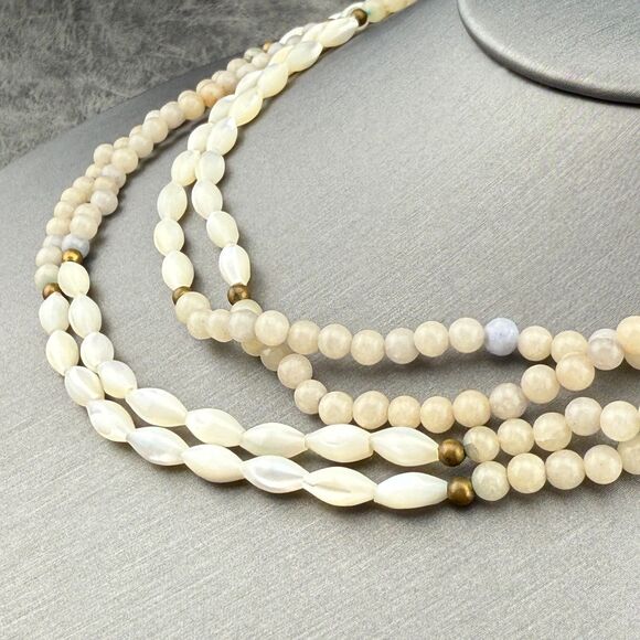 Vintage Natural Gemstone & Mother Of Pearl Rice Beads Necklace Double Strand 15" - Picture 5 of 13